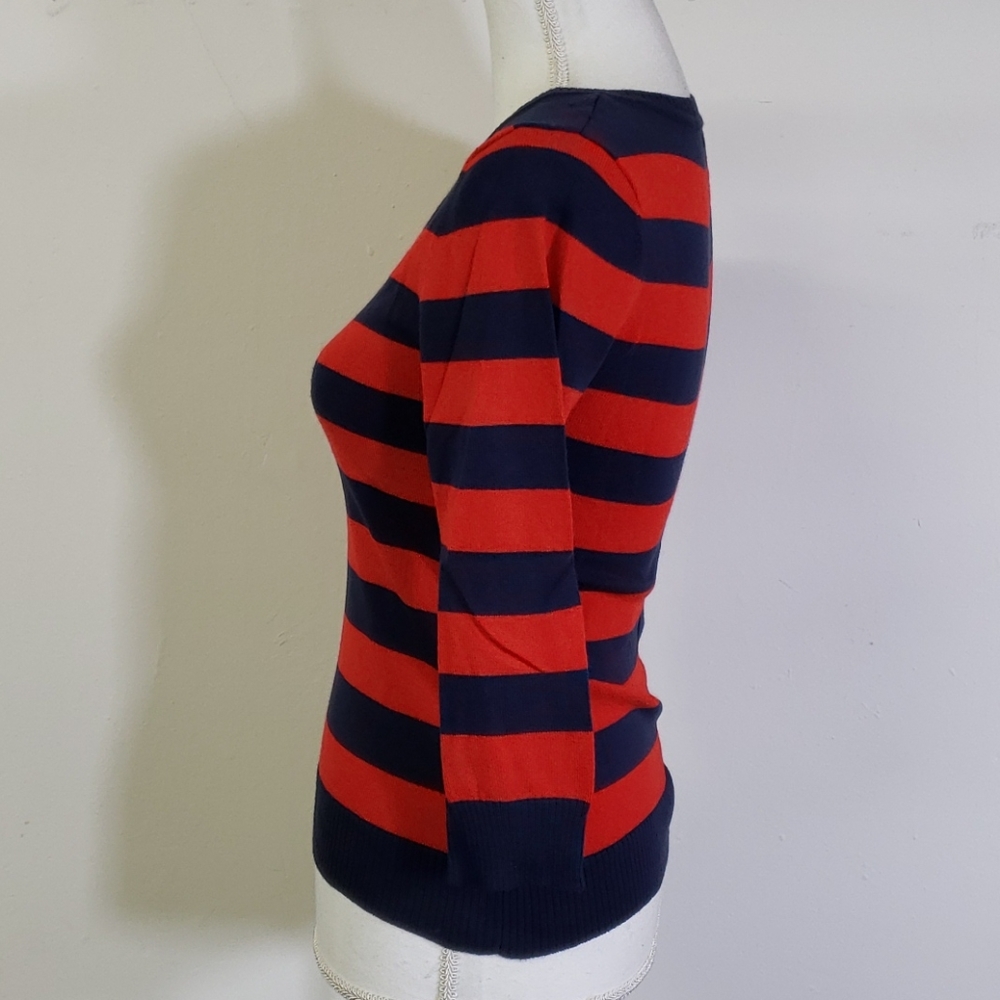Striped Red and Blue V Neck Sweater Fitted - Picture 5 of 6